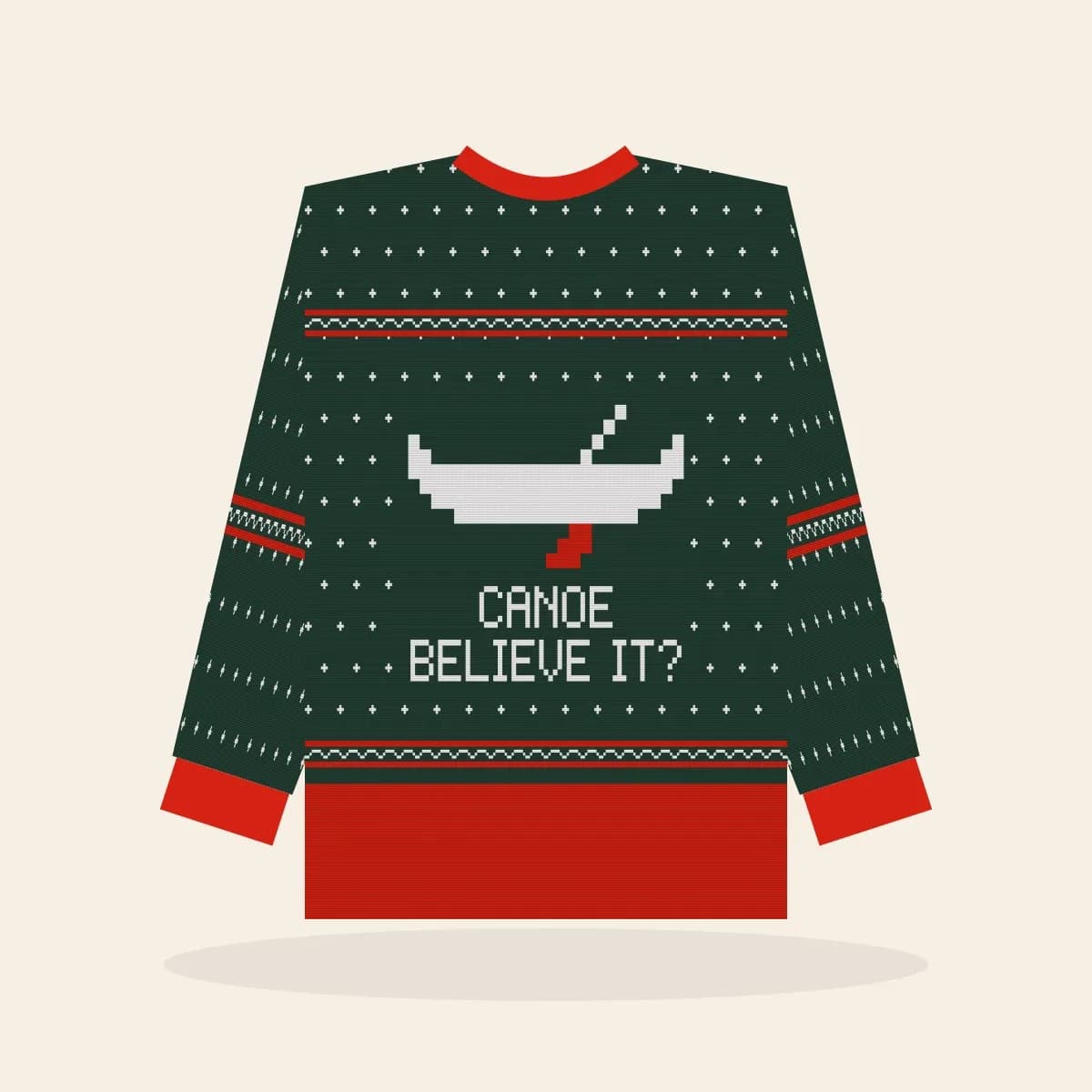 Canoe Believe It’s Christmas All-Over Print Sweatshirt (Evergreen): Canoe Believe It’s Christmas ugly Christmas print in pine green with white and red