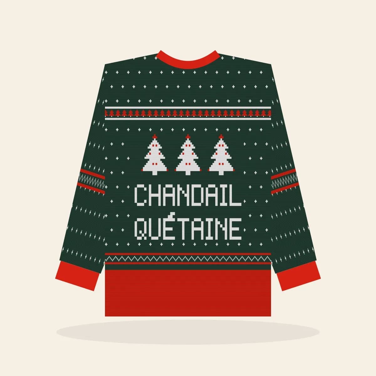 Chandail Quétaine All-Over Print Sweatshirt (Evergreen): Chandail Quétaine ugly Christmas print in pine green with white and red