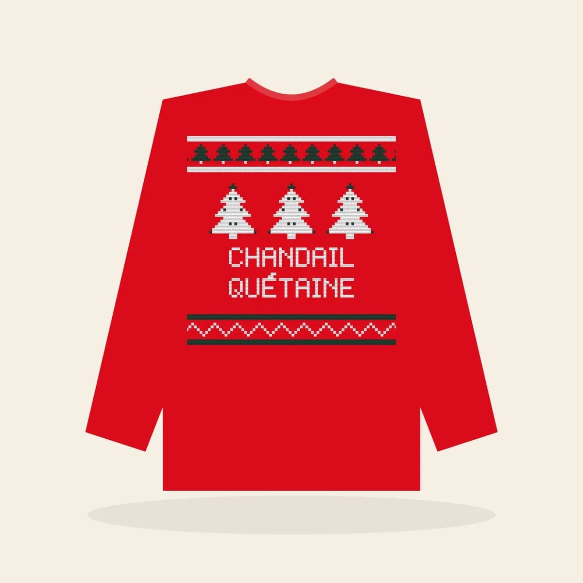 Chandail Quétaine Printed Sweatshirt (Classic Red): Chandail Quétaine ugly Christmas print in red with white and pine green