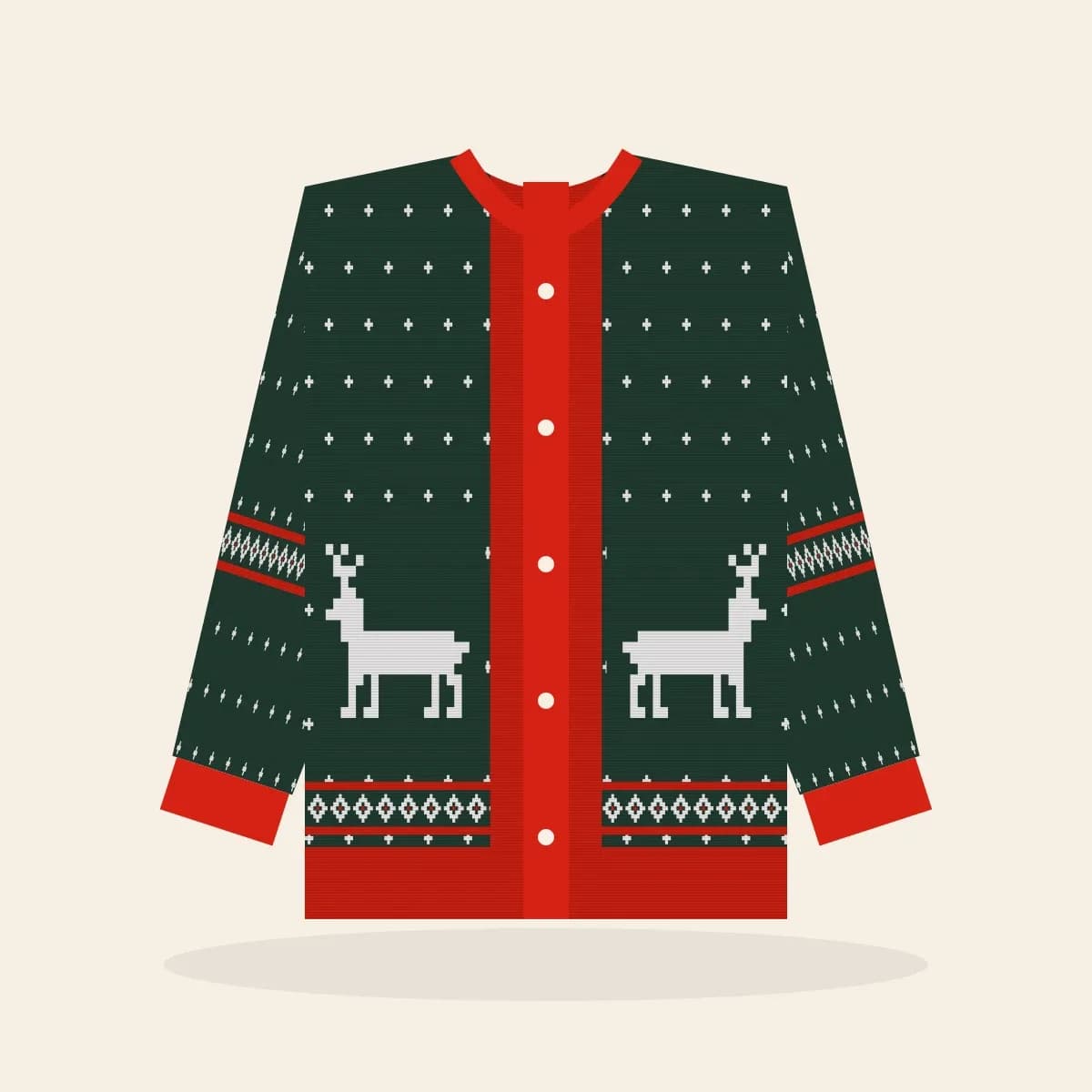 Classic Reindeer Knitted Cardigan (Evergreen): Classic Reindeer ugly Christmas knit in pine green with white and red