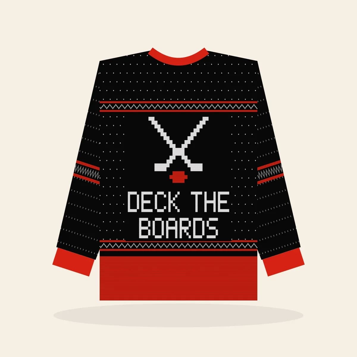 Deck the Boards All-Over Print Sweatshirt (Lumberjack): Deck the Boards ugly Christmas print in black with white and red