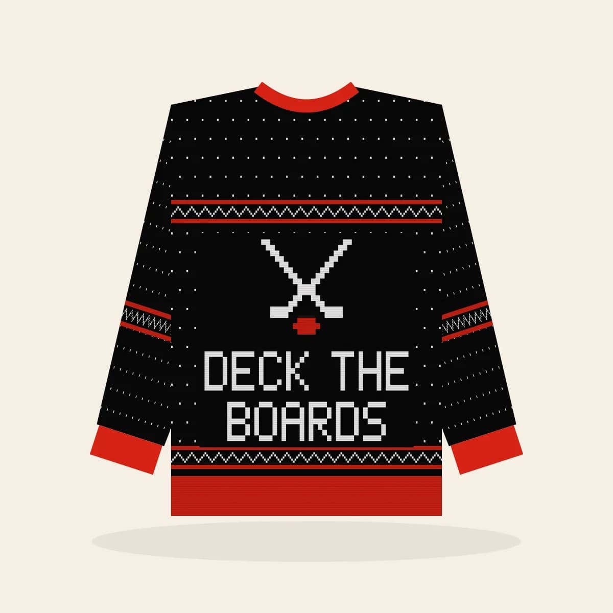 Deck the Boards Relaxed Knitted Sweater (Lumberjack): Deck the Boards ugly Christmas knit in black with white and red