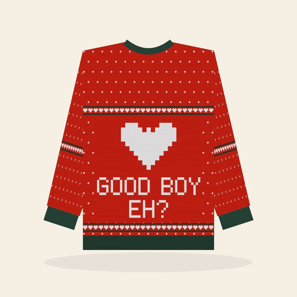 Good Boy, Eh Knitted Sweater (Classic Red): Good Boy, Eh ugly Christmas knit in red with white and pine green