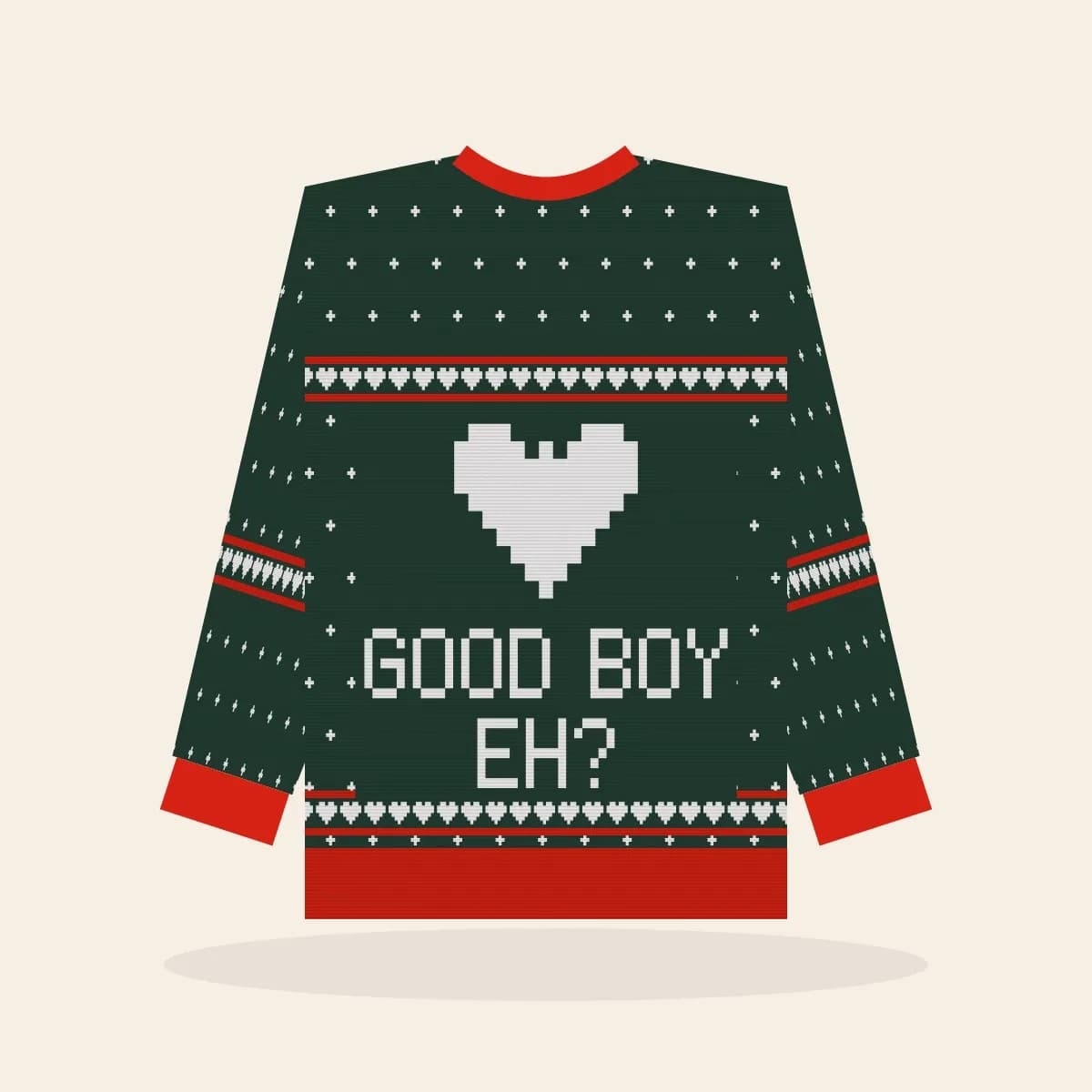 Good Boy, Eh Relaxed Knitted Sweater (Evergreen): Good Boy, Eh ugly Christmas knit in pine green with white and red
