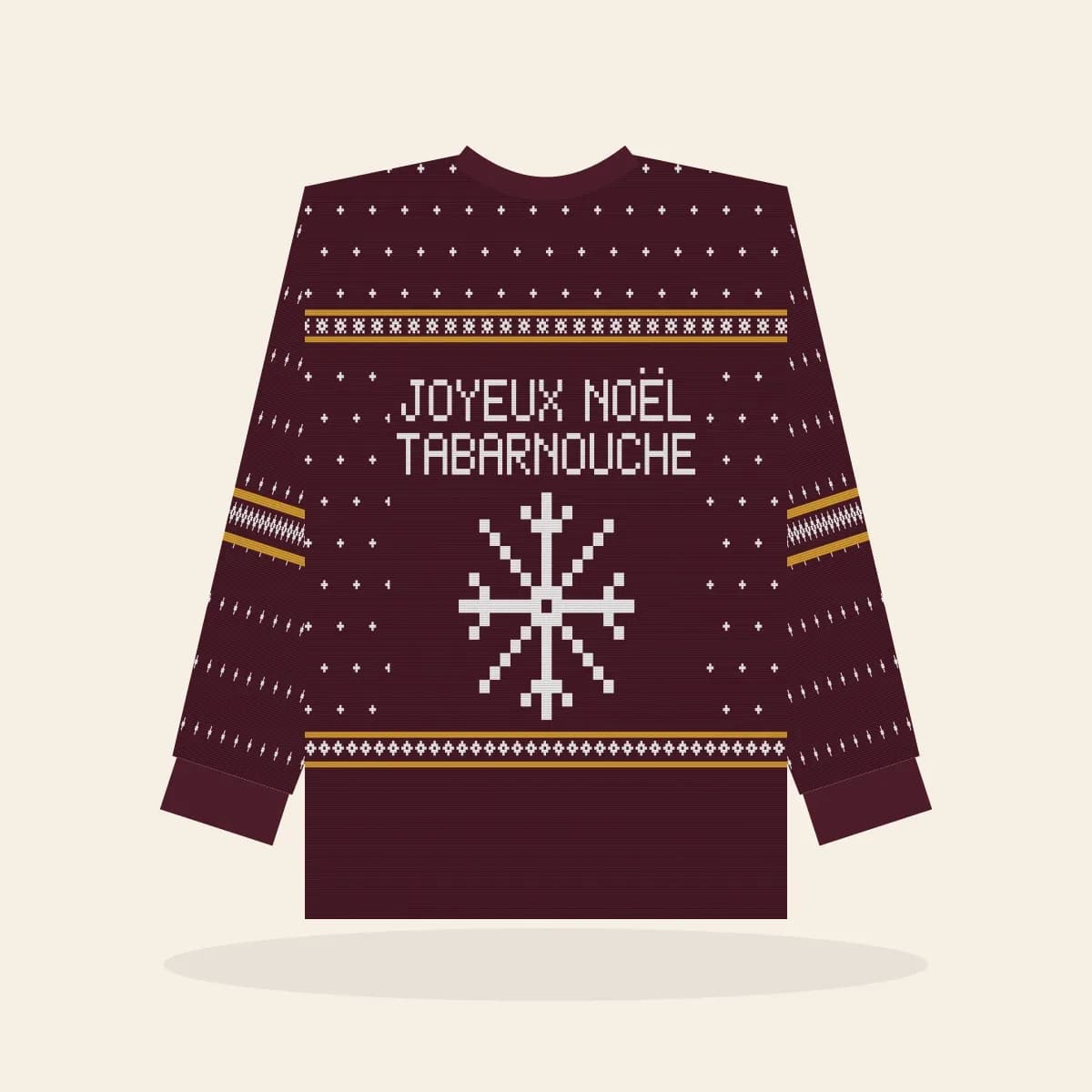 Joyeux Noël, Tabarnouche All-Over Print Sweatshirt (Cranberry & Gold): Joyeux Noël, Tabarnouche ugly Christmas print in cranberry with white and gold