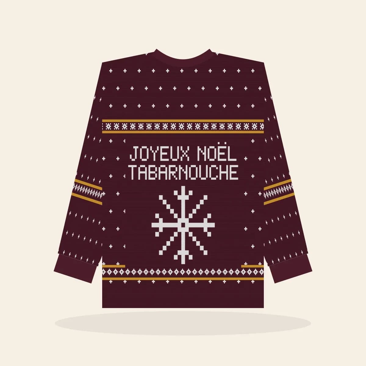 Joyeux Noël, Tabarnouche Relaxed Knitted Sweater (Cranberry & Gold): Joyeux Noël, Tabarnouche ugly Christmas knit in cranberry with white and gold
