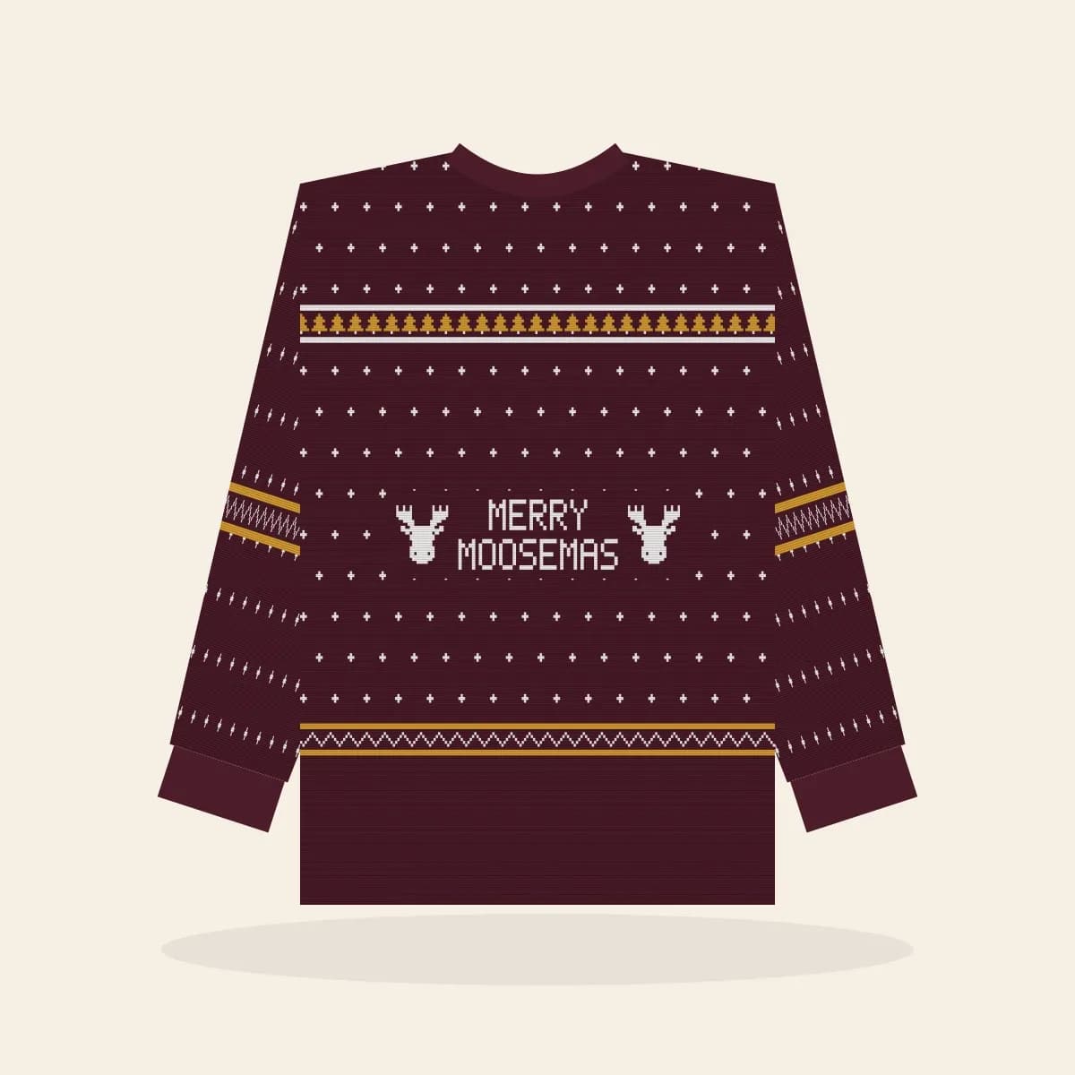 Merry Moosemas All-Over Print Sweatshirt (Cranberry & Gold): Merry Moosemas ugly Christmas print in cranberry with white and gold