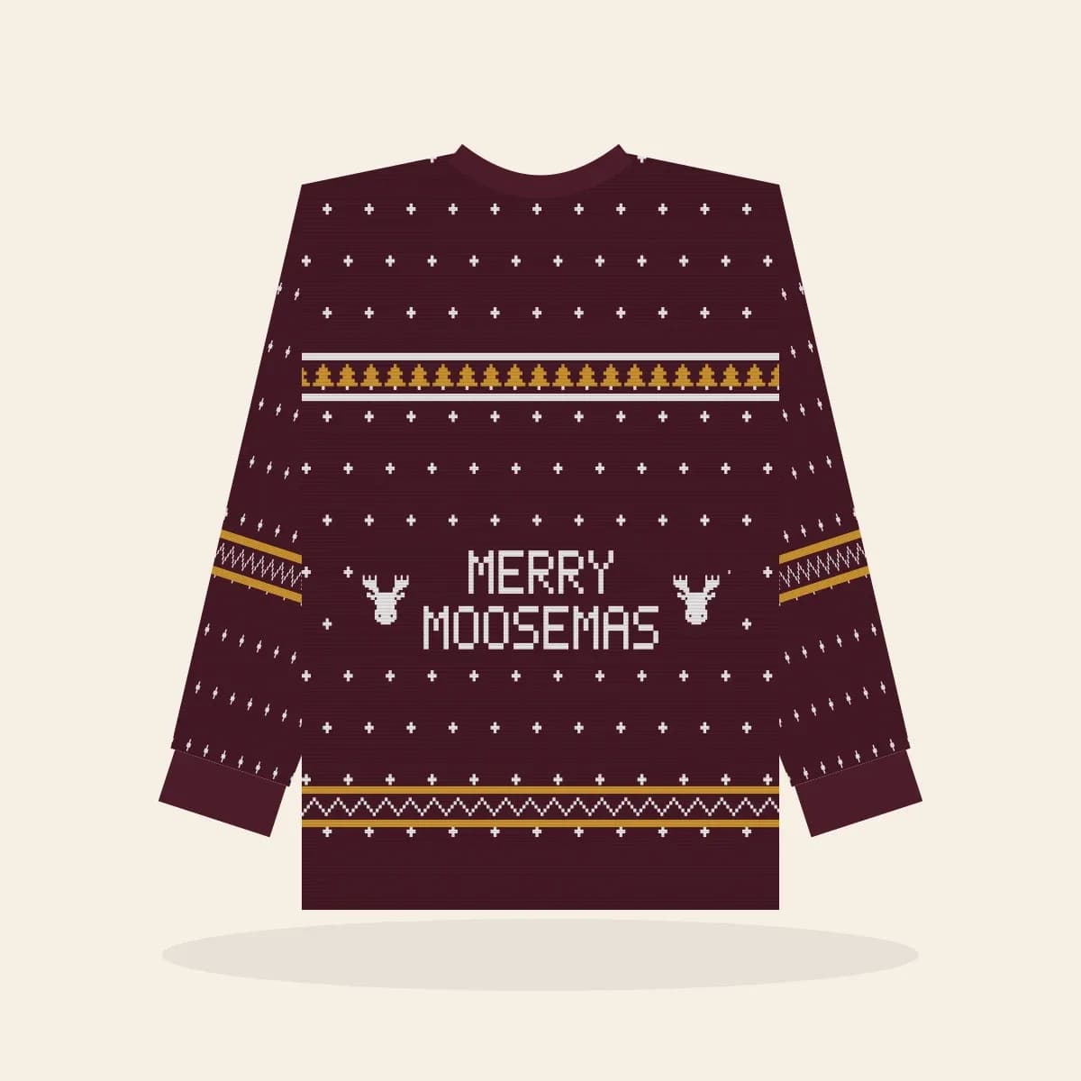 Merry Moosemas Relaxed Knitted Sweater (Cranberry & Gold): Merry Moosemas ugly Christmas knit in cranberry with white and gold
