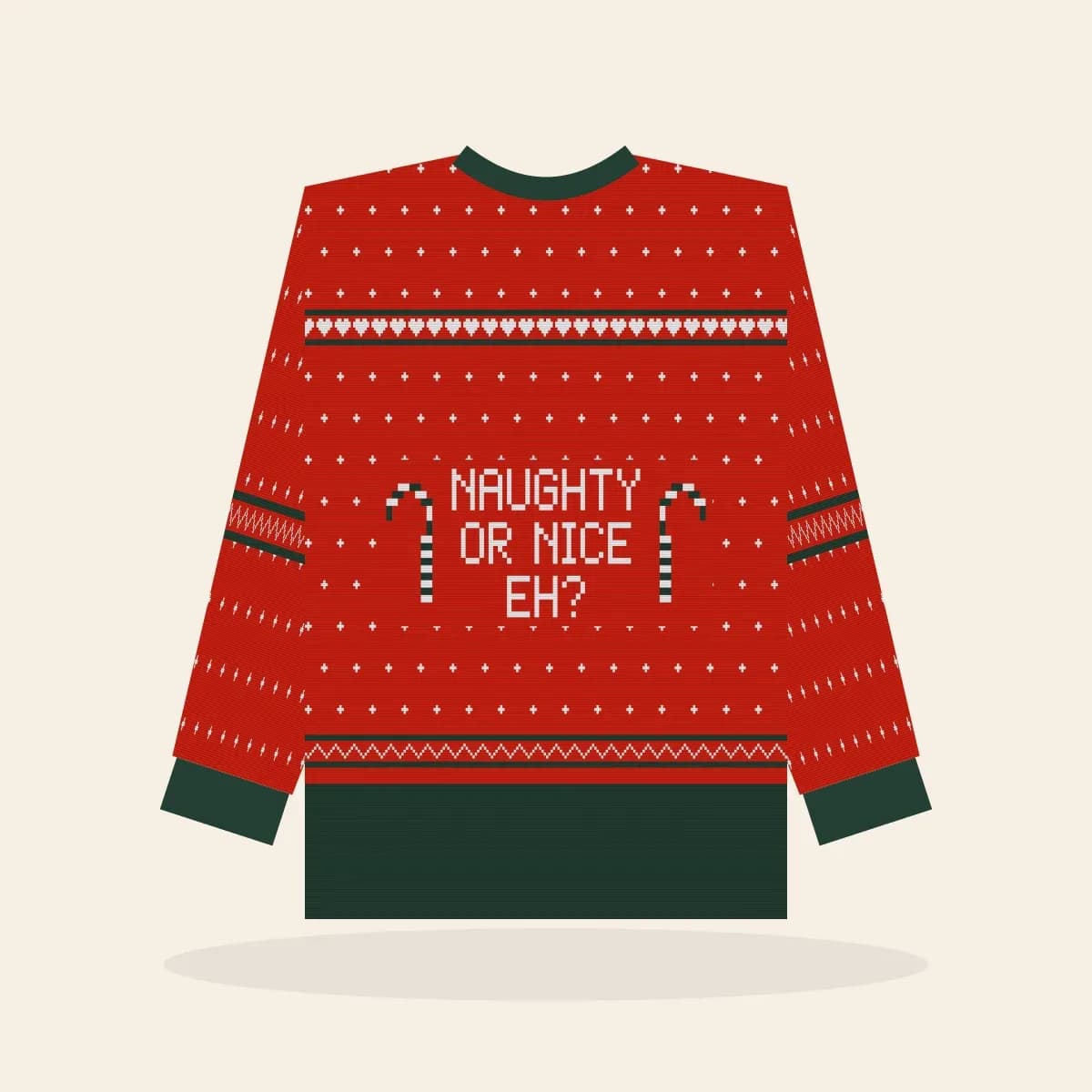 Naughty Or Nice, eh? All-Over Print Sweatshirt (Classic Red): Naughty or Nice, Eh? ugly Christmas print in red with white and pine green