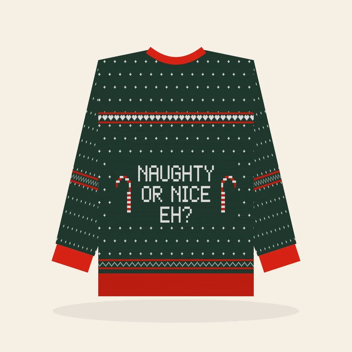 Naughty Or Nice, eh? Kids Knitted Sweater (Evergreen): Naughty or Nice, Eh? ugly Christmas knit in pine green with white and red