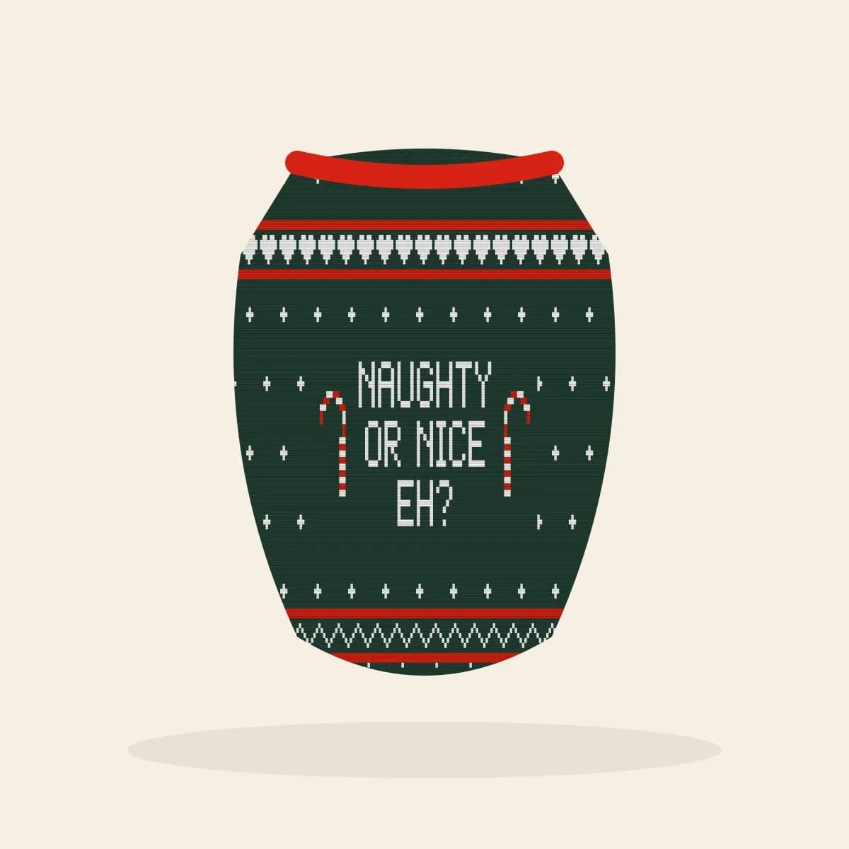 Naughty Or Nice, eh? Knitted Dog Sweater (Evergreen): Naughty or Nice, Eh? ugly Christmas knit in pine green with white and red
