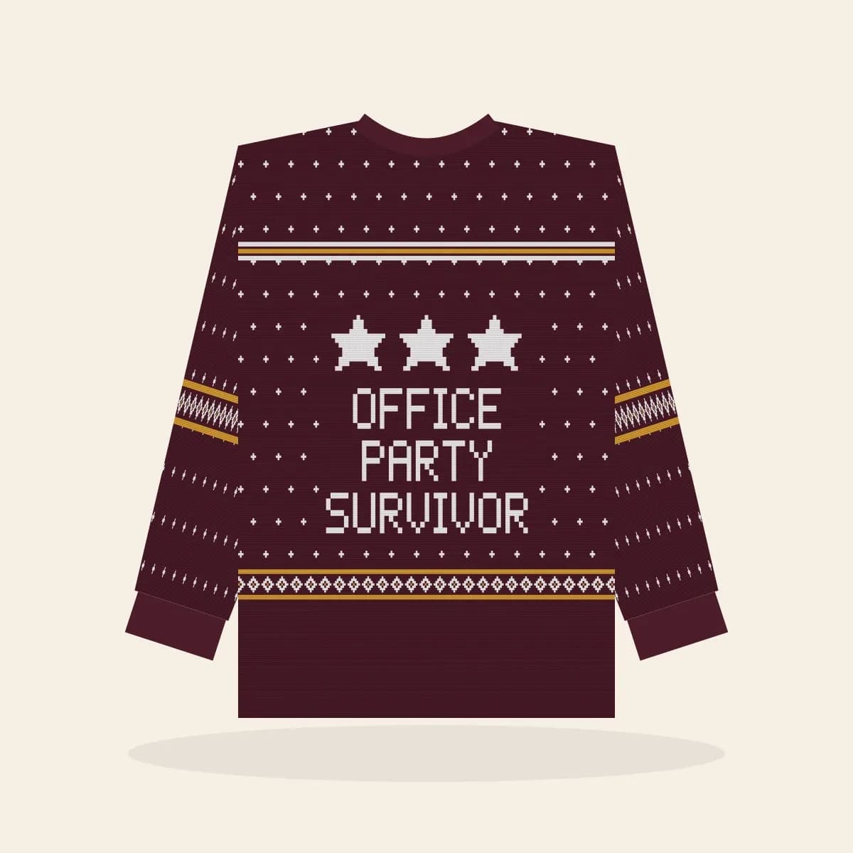 Office Party Survivor All-Over Print Sweatshirt (Cranberry & Gold): Office Party Survivor ugly Christmas print in cranberry with white and gold