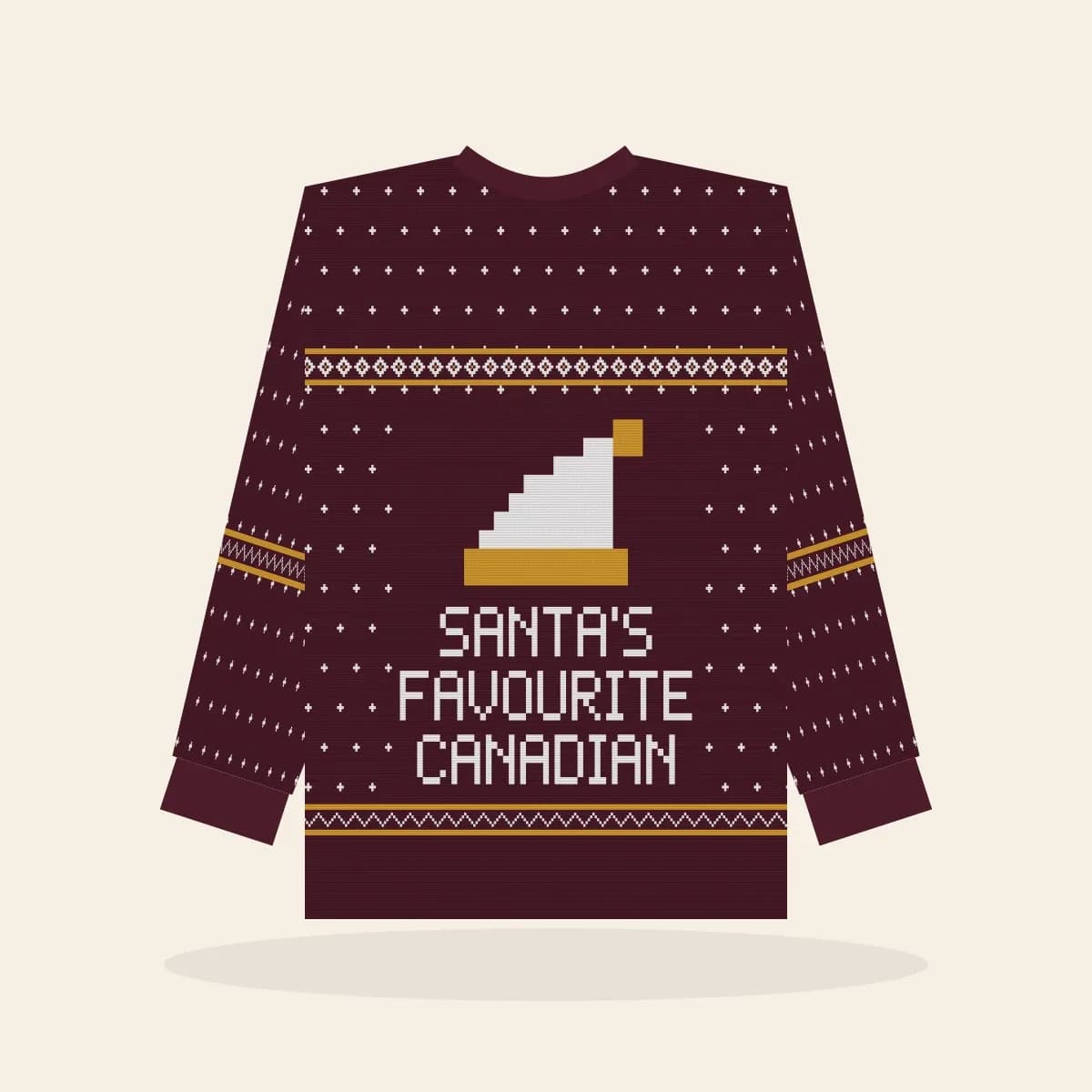 Santa’s Favourite Canadian Kids Knitted Sweater (Cranberry & Gold): Santa’s Favourite Canadian ugly Christmas knit in cranberry with white and gold