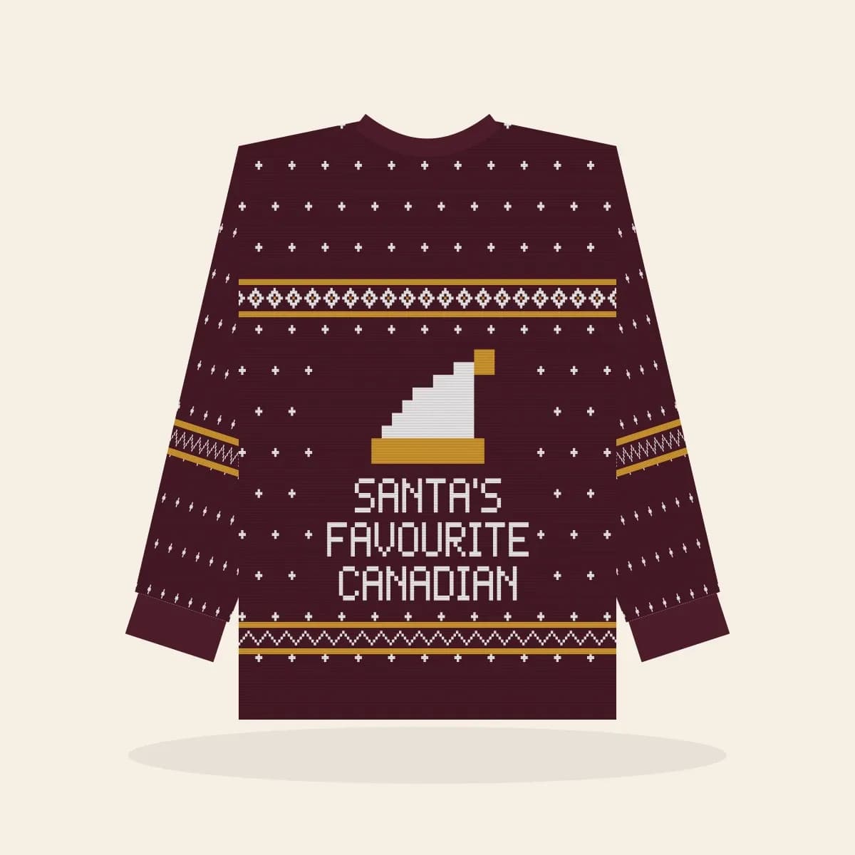 Santa’s Favourite Canadian Relaxed Knitted Sweater (Cranberry & Gold): Santa’s Favourite Canadian ugly Christmas knit in cranberry with white and gold