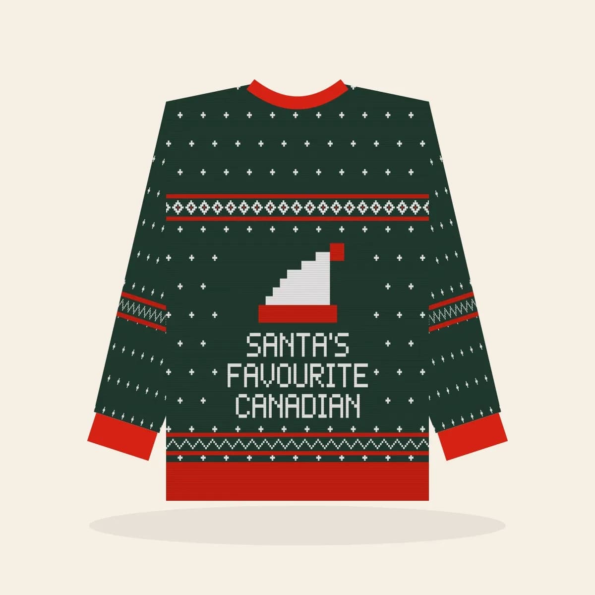 Santa’s Favourite Canadian Relaxed Knitted Sweater (Evergreen): Santa’s Favourite Canadian ugly Christmas knit in pine green with white and red