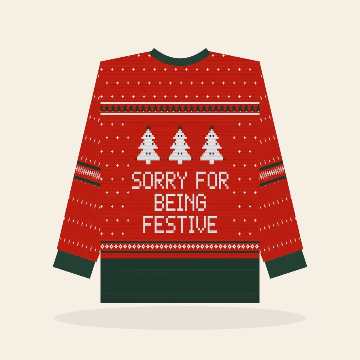 Sorry for Being Festive All-Over Print Sweatshirt (Classic Red): Sorry for Being Festive ugly Christmas print in red with white and pine green
