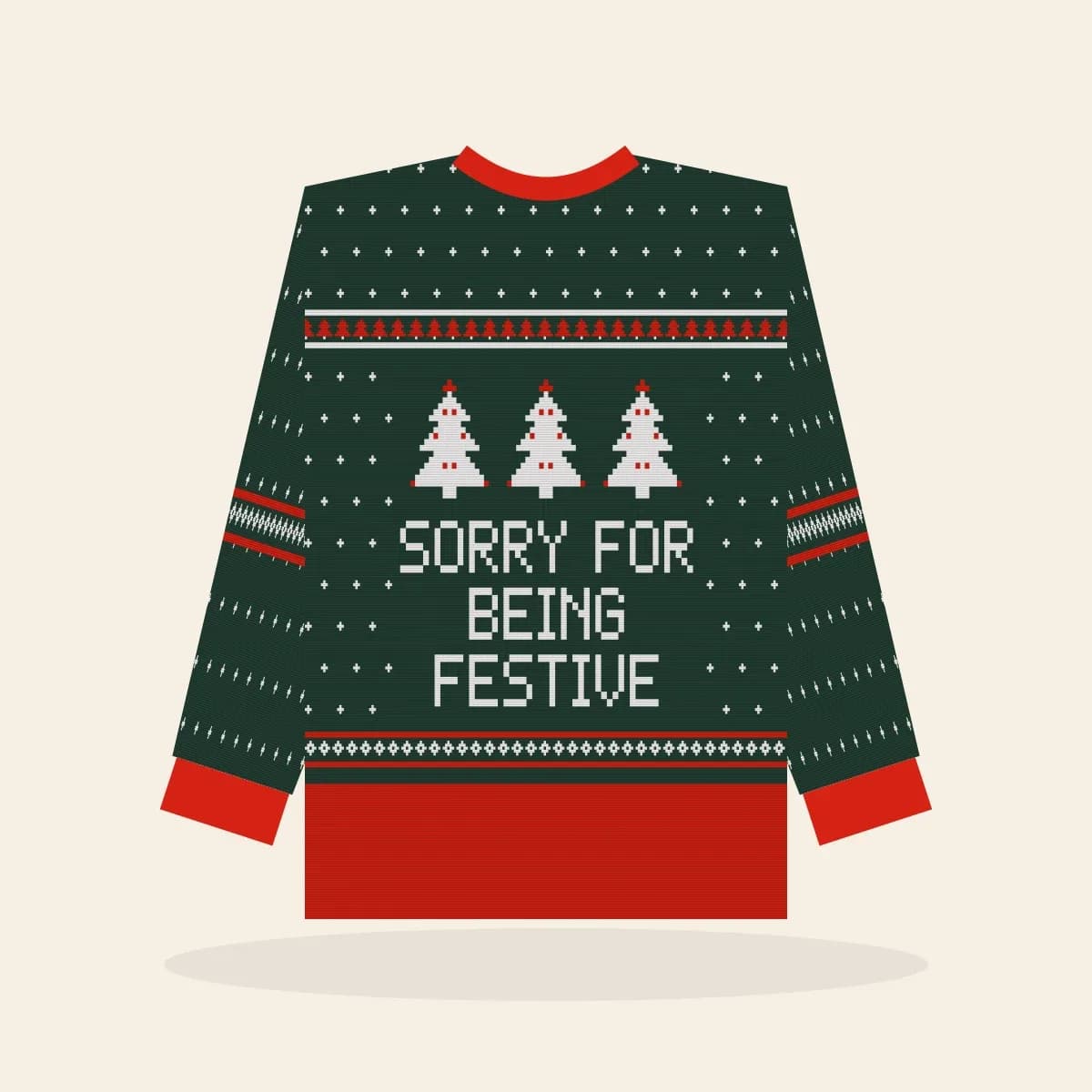Sorry for Being Festive All-Over Print Sweatshirt (Evergreen): Sorry for Being Festive ugly Christmas print in pine green with white and red