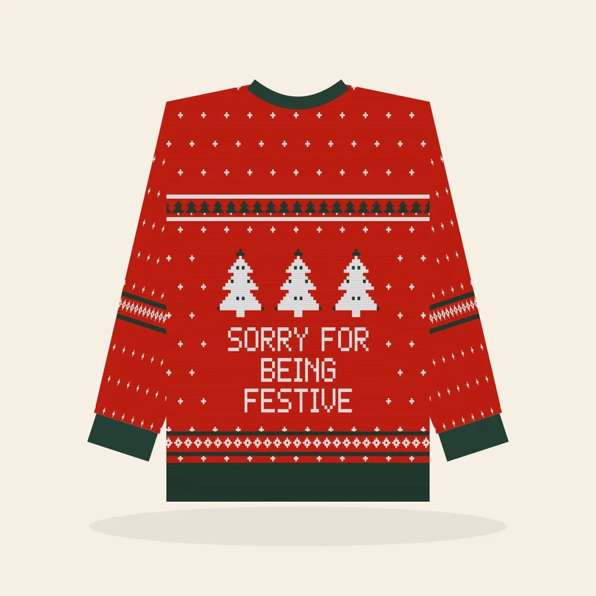 Sorry for Being Festive Relaxed Knitted Sweater (Classic Red): Sorry for Being Festive ugly Christmas knit in red with white and pine green