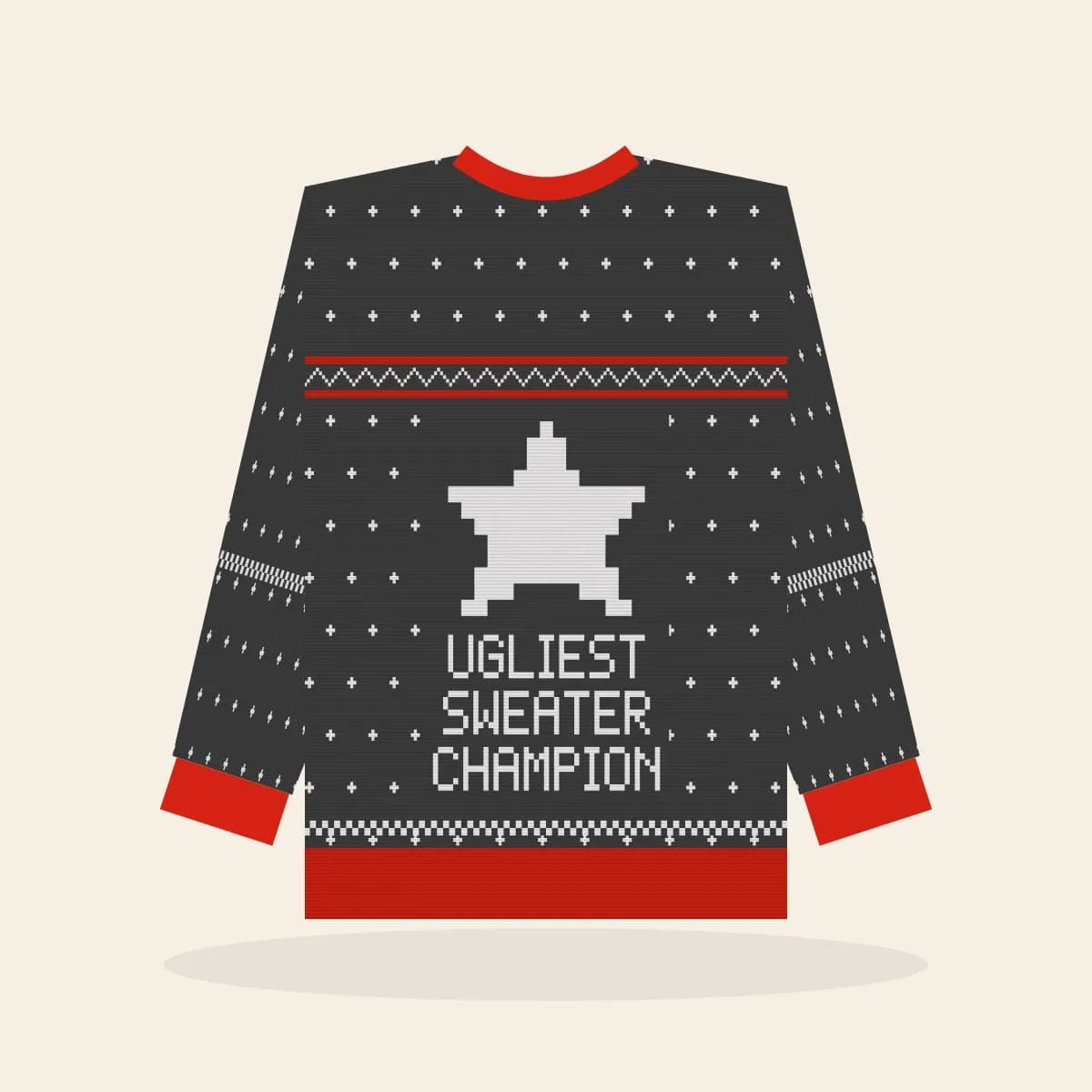 Ugliest Sweater Champion Relaxed Knitted Sweater (Cabin Charcoal): Ugliest Sweater Champion ugly Christmas knit in charcoal with white and red